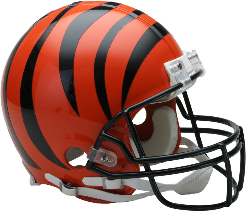 A Football Helmet With A Black And Orange Stripe