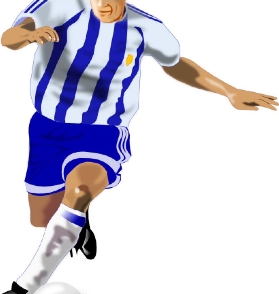 A Man In A Blue And White Uniform Kicking A Football Ball