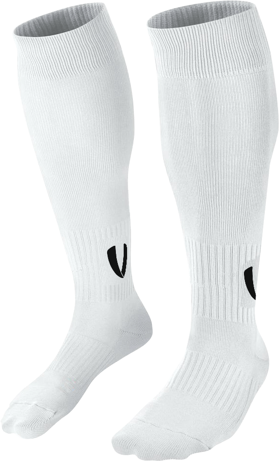 A Pair Of White Socks With Black Logo