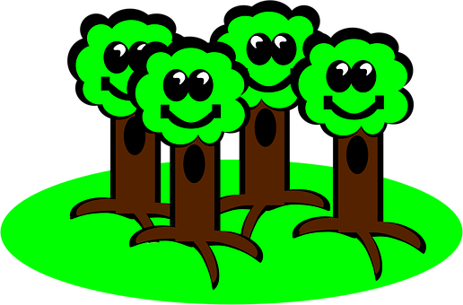 A Group Of Trees With Smiling Faces