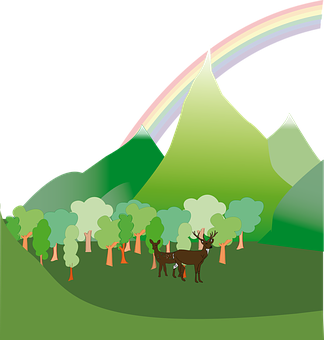 A Deer In A Forest With Mountains And Rainbow