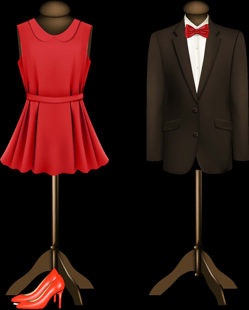 A Couple Of Mannequins With A Red Dress And A Suit