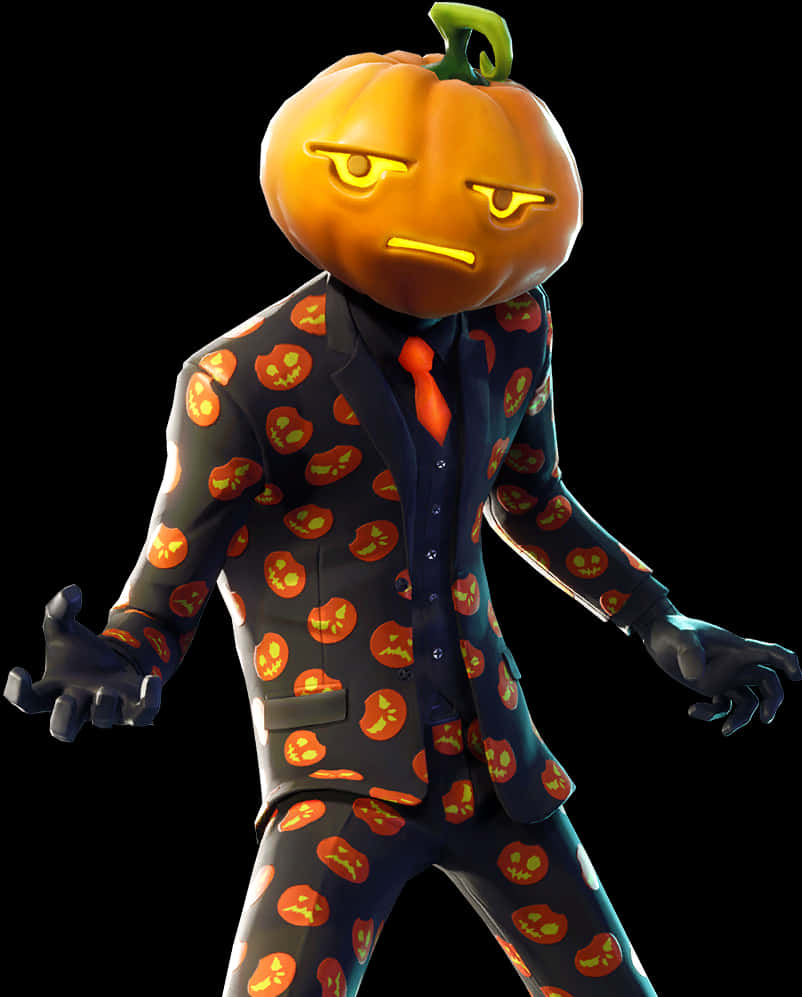 A Person Wearing A Suit And Pumpkin Head