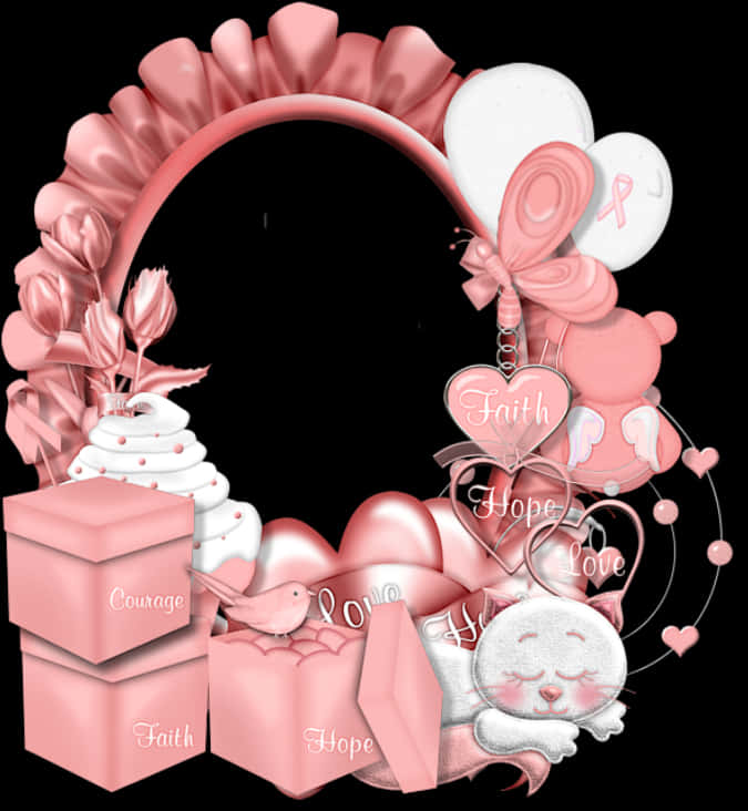 A Pink Frame With Pink Ribbon And Pink Objects