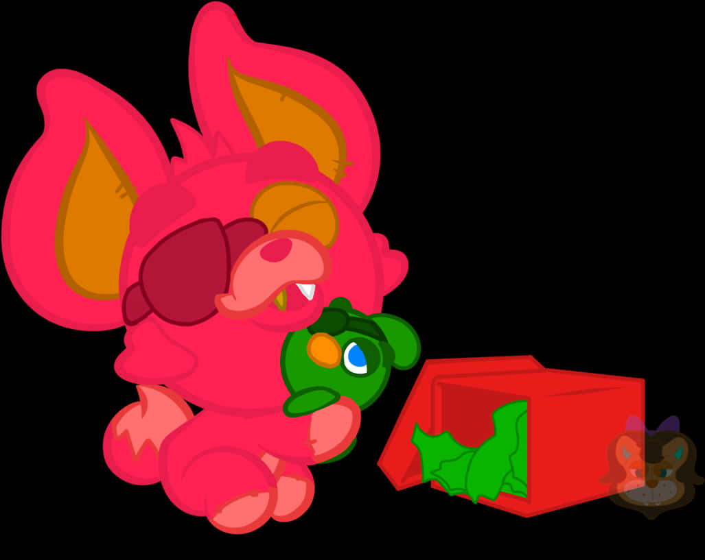 A Cartoon Of A Pink Monster Holding A Green And Red Box
