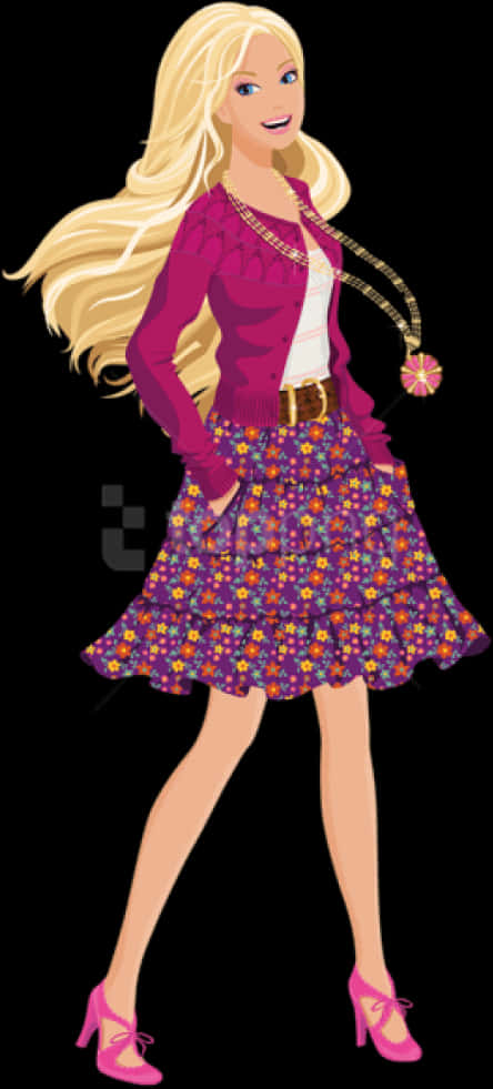 A Cartoon Of A Girl In A Purple Sweater And Skirt