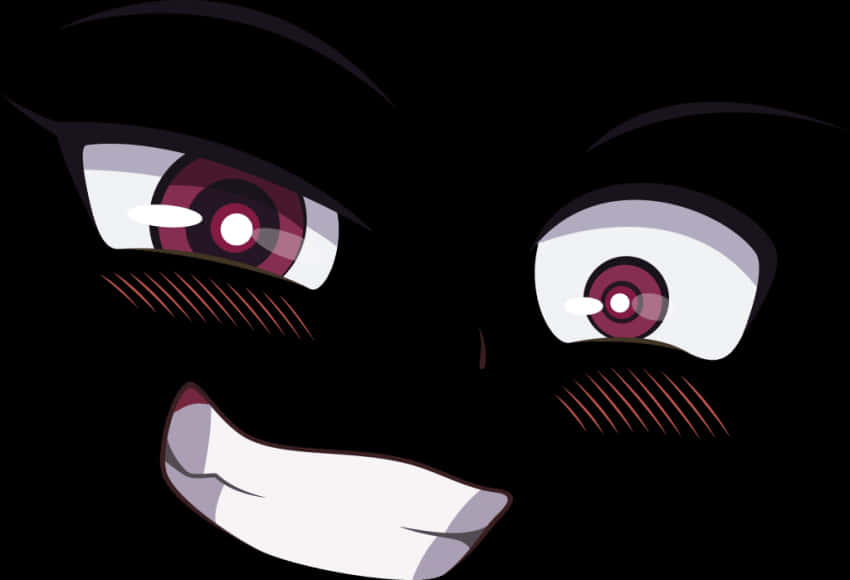 A Cartoon Face With Pink Eyes And White Teeth