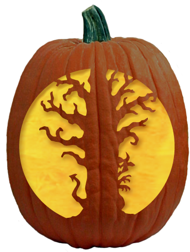 A Pumpkin With A Tree Cut Out Of It