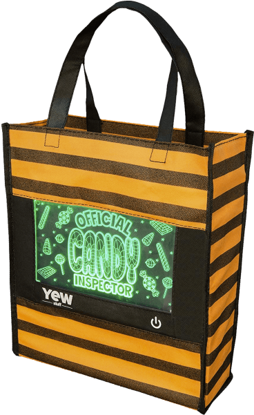 A Yellow And Black Striped Bag With A Green Light On It