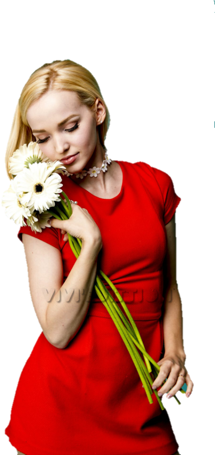A Woman In A Red Dress Holding Flowers