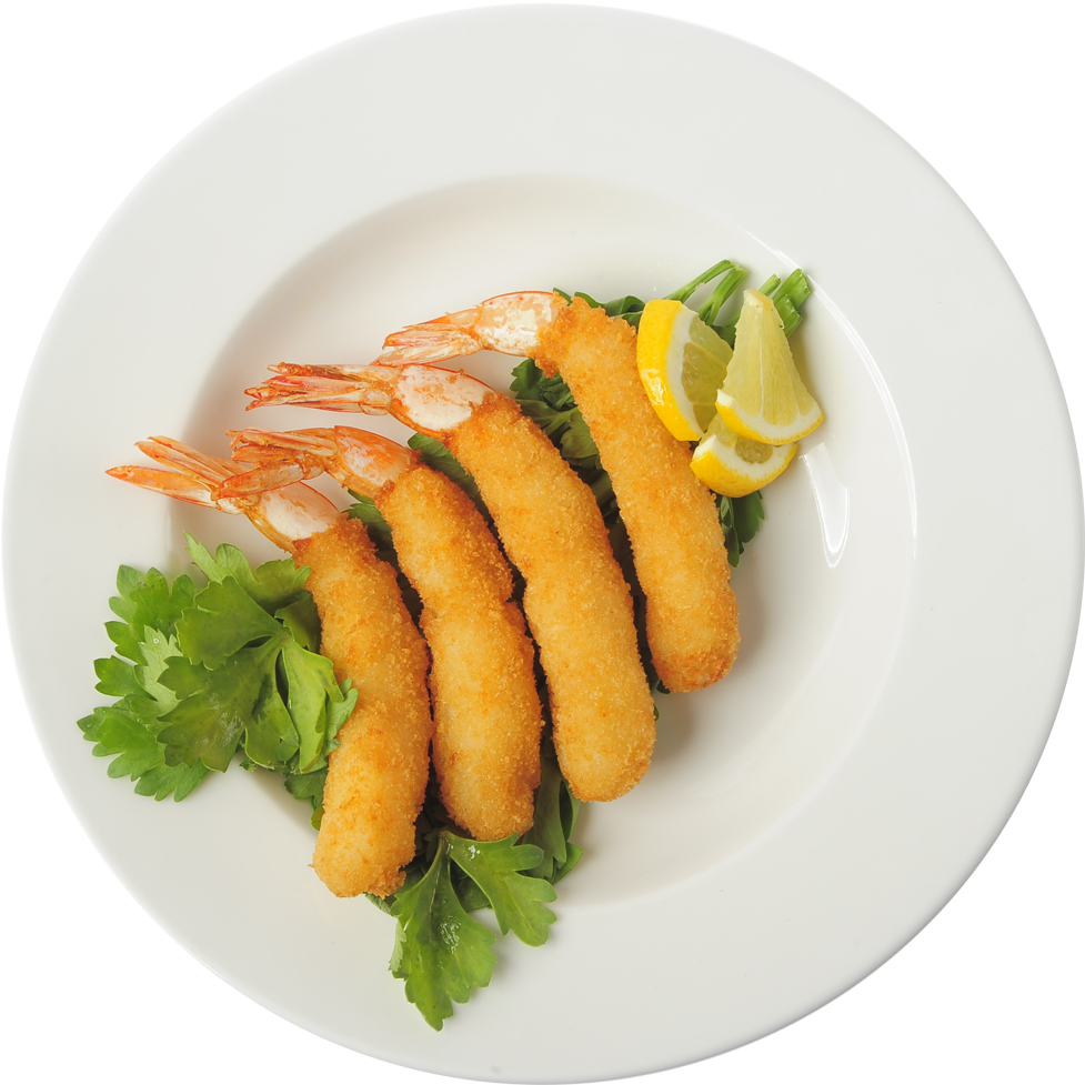 A Plate Of Fried Shrimp And Lemon Slices