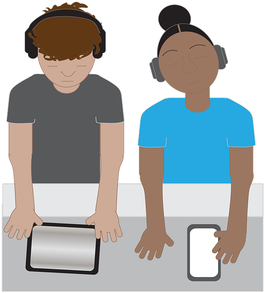 A Man And Woman With Headphones On Their Hands