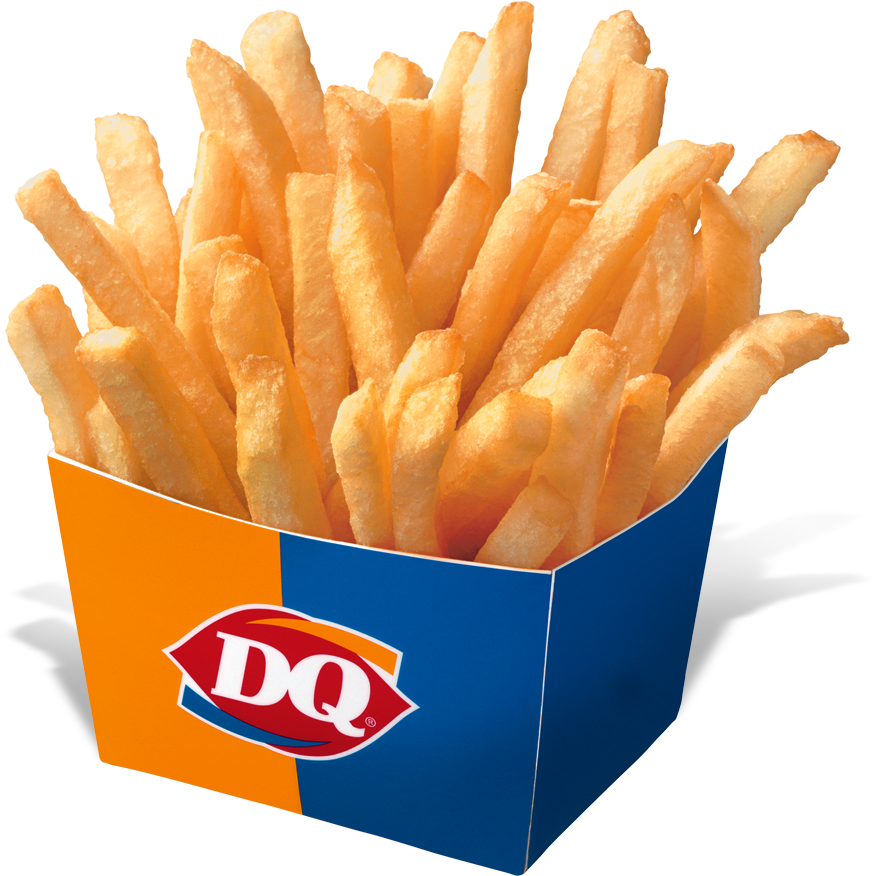 A Blue And Orange Container Of French Fries