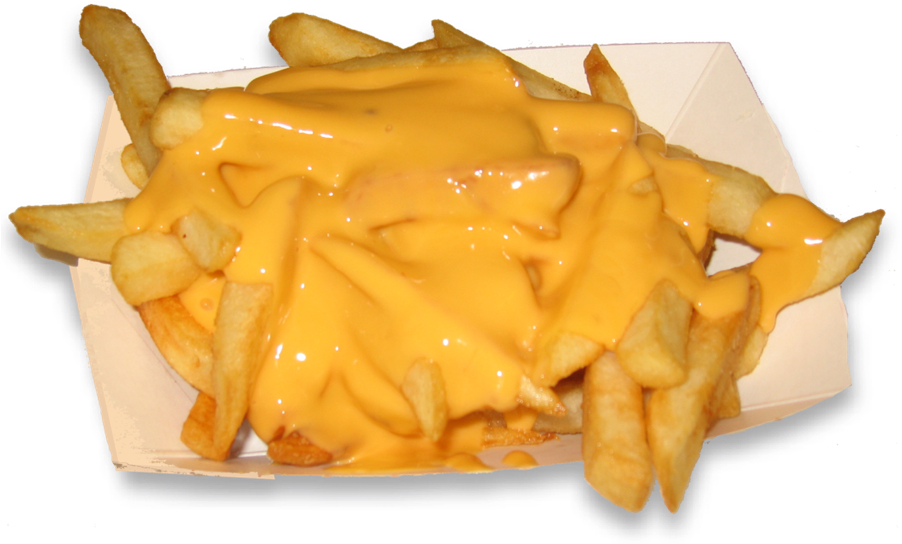 A Plate Of French Fries With Cheese Sauce