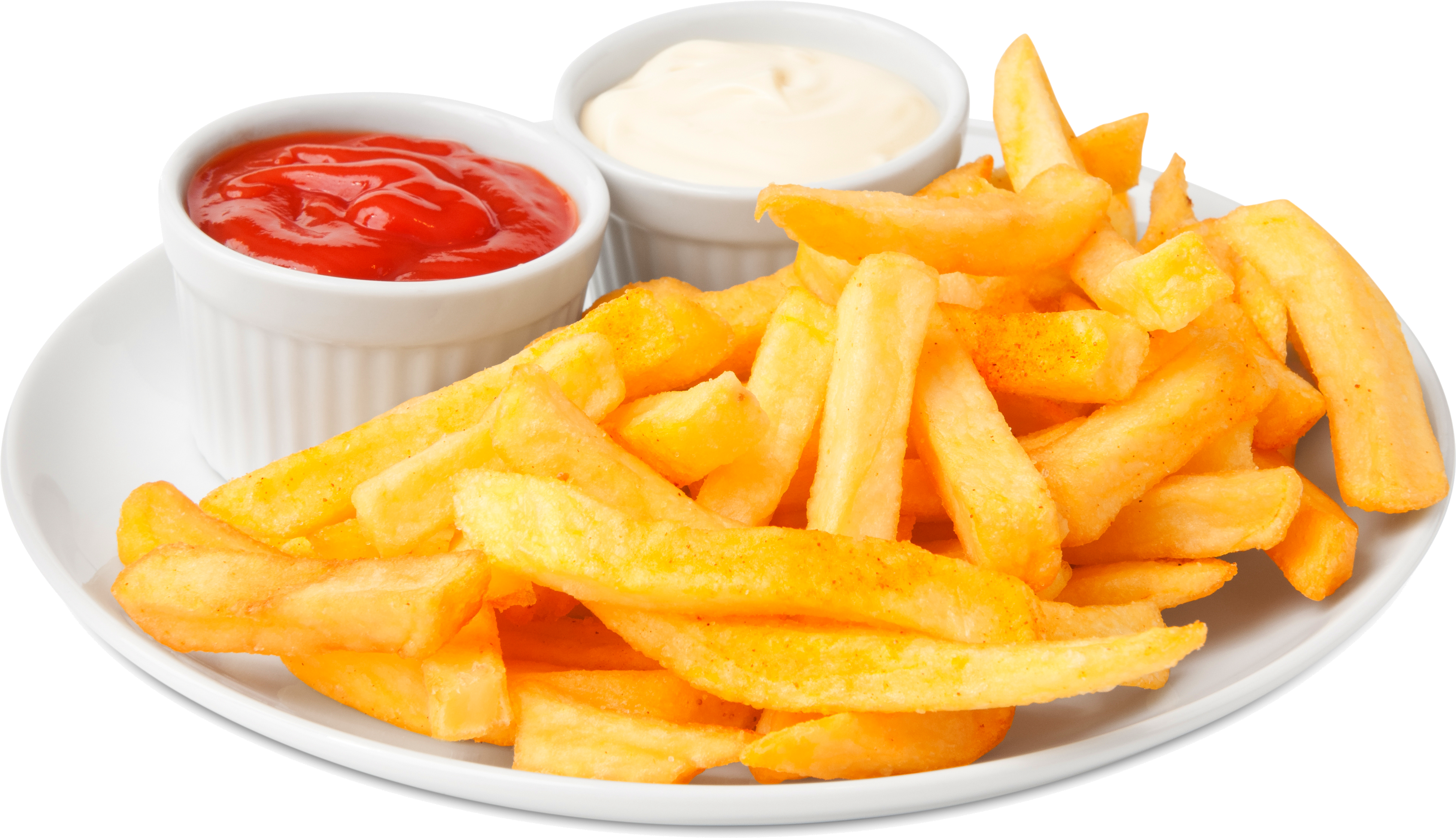A Plate Of French Fries With Two Bowls Of Ketchup