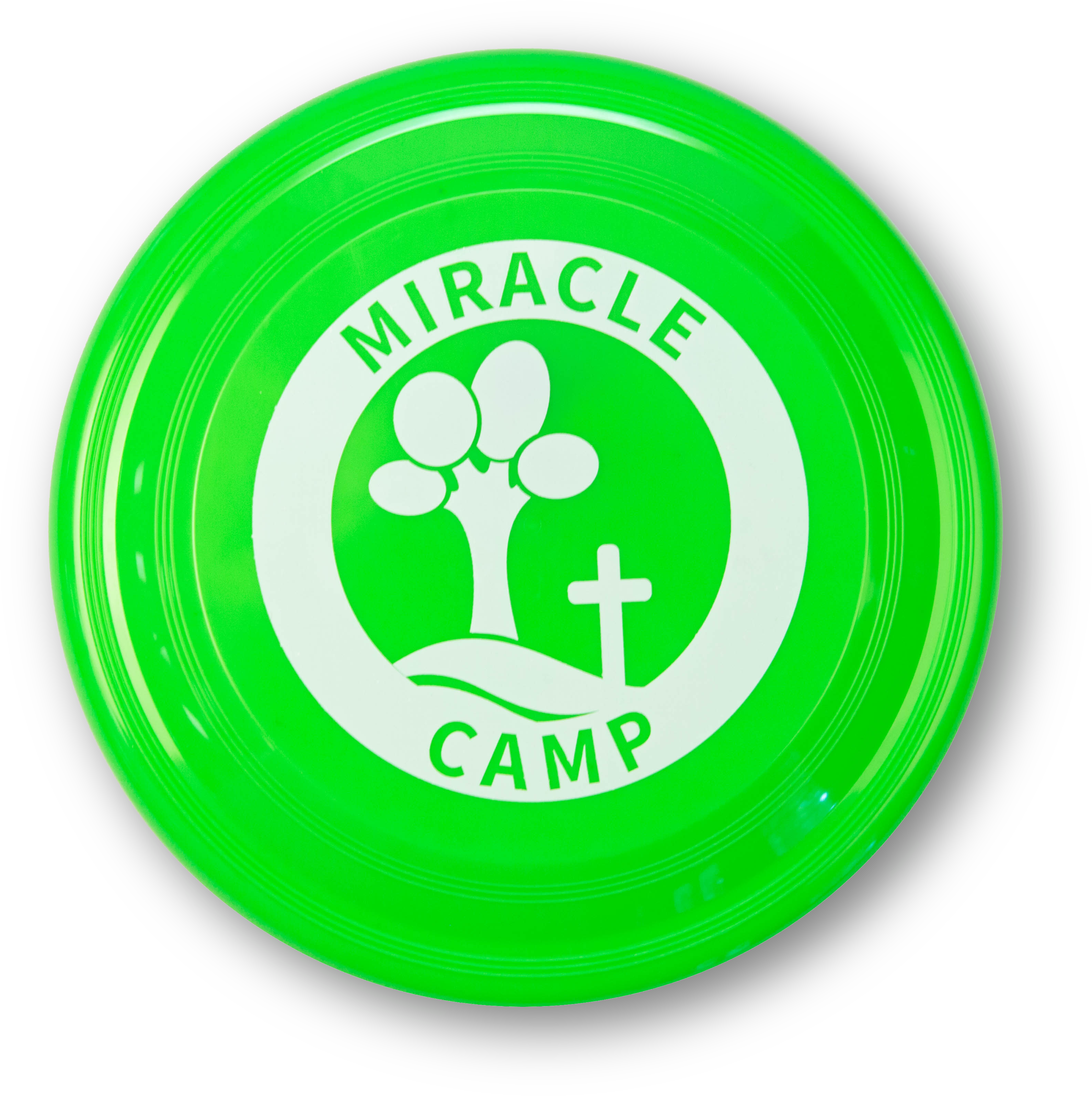 A Green Frisbee With White Text And A Tree