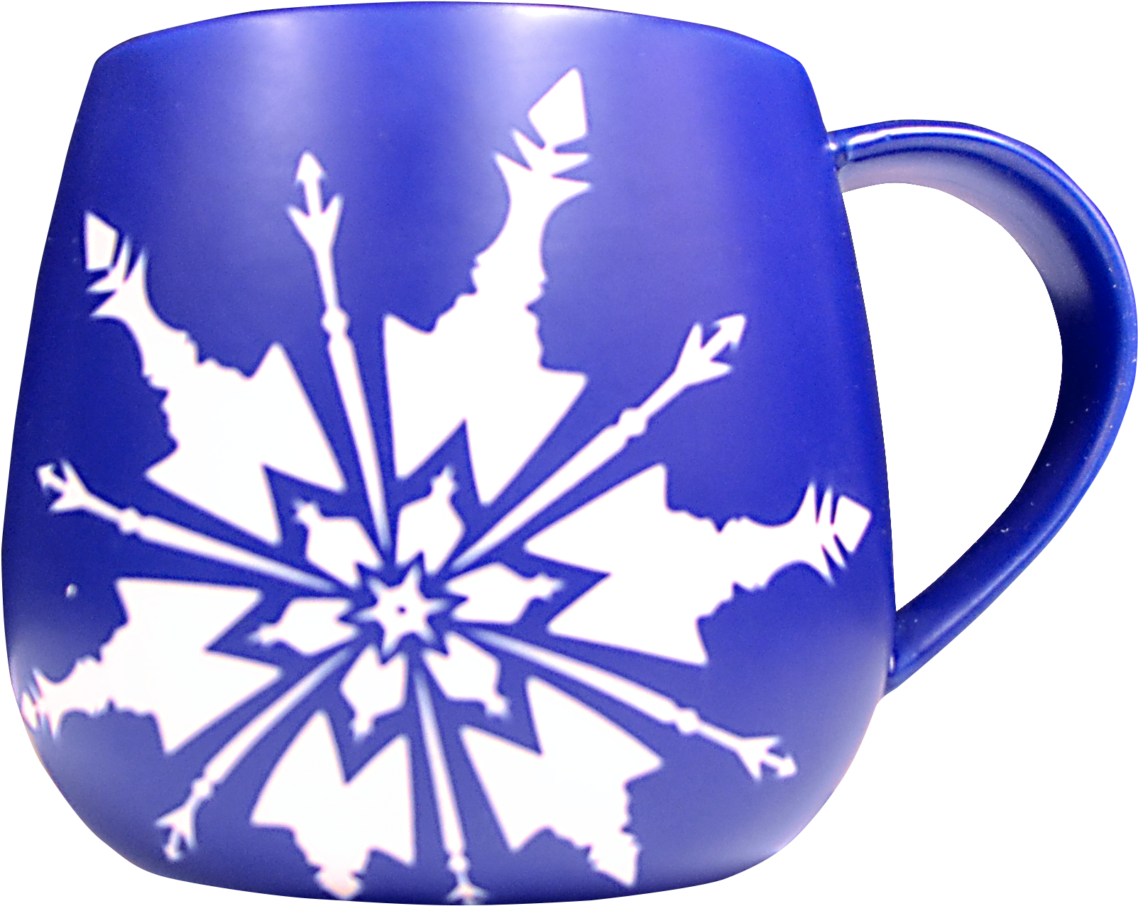 A Blue Mug With A White Snowflake Design