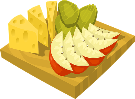 A Cheese And Apples On A Cutting Board