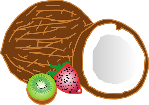 A Coconut And Strawberry Next To A Kiwi Fruit