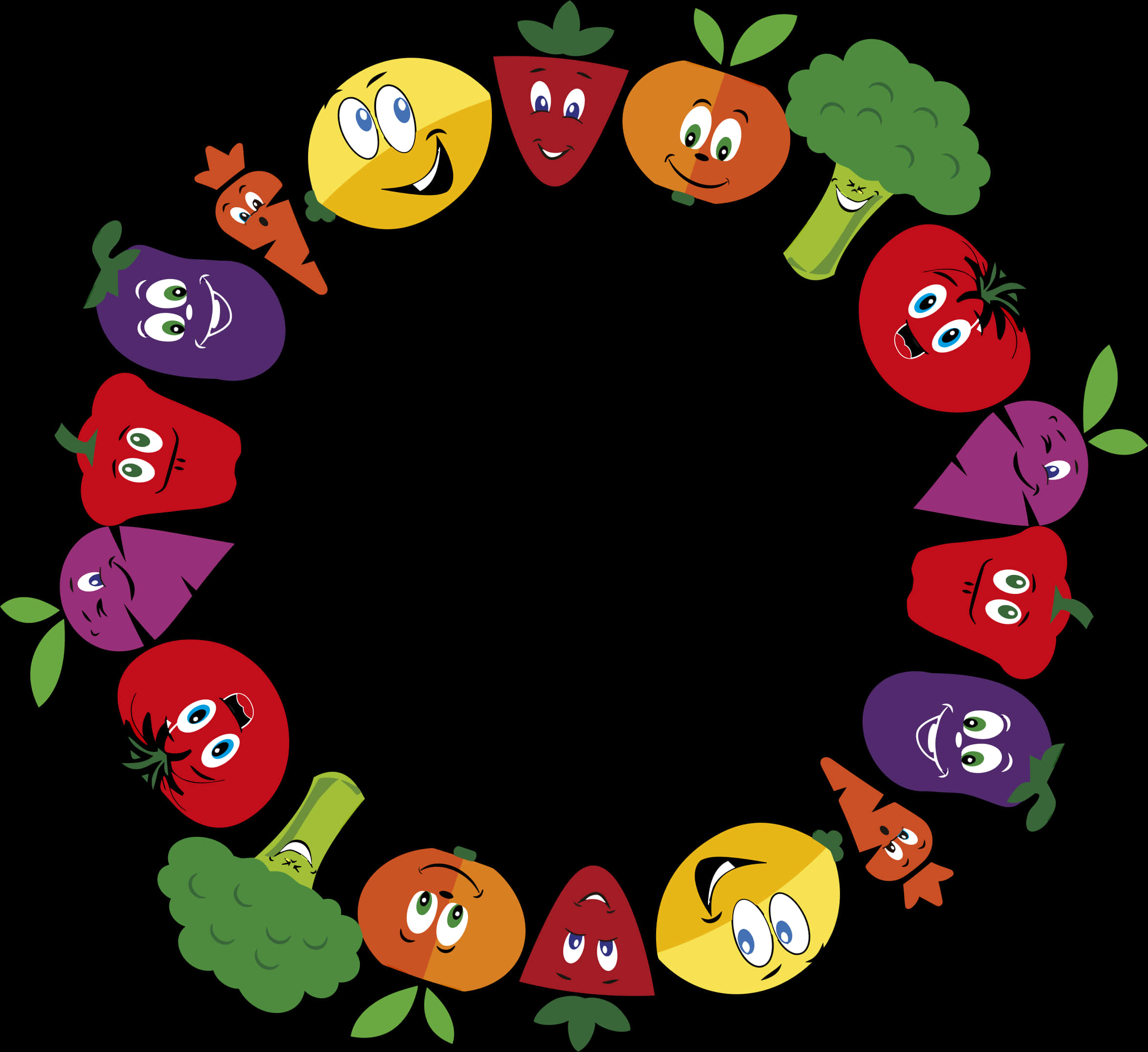 A Circle Of Cartoon Fruits And Vegetables