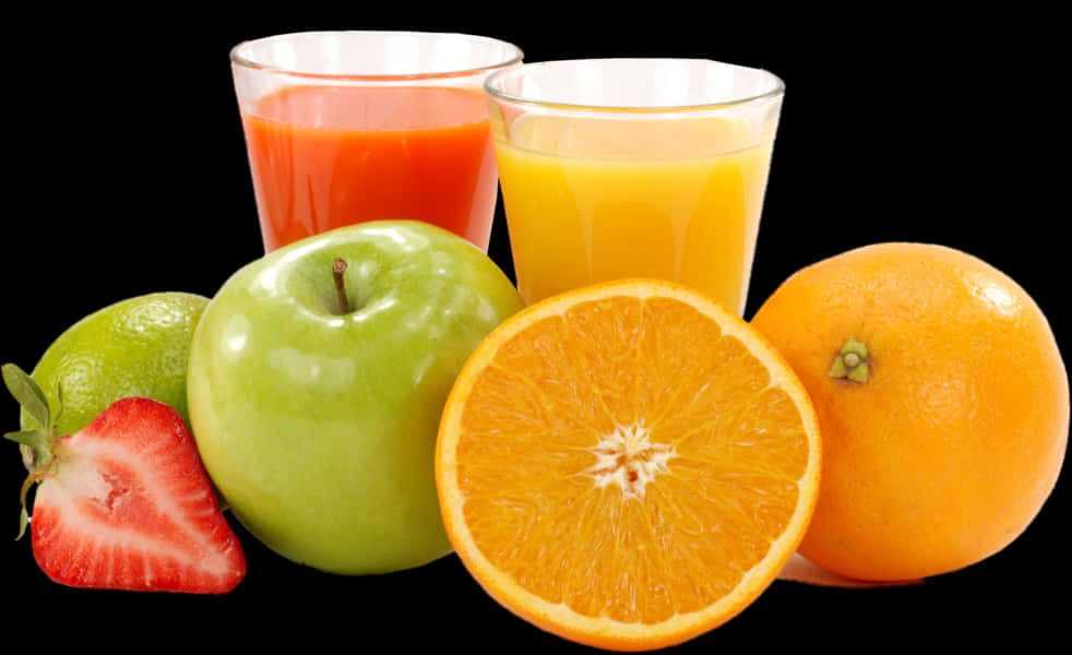 A Group Of Fruit Next To A Glass Of Juice