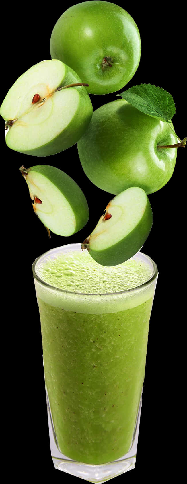 A Green Smoothie With Apples Falling Into It