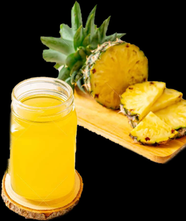 A Glass Jar With Yellow Liquid Next To A Pineapple Slice