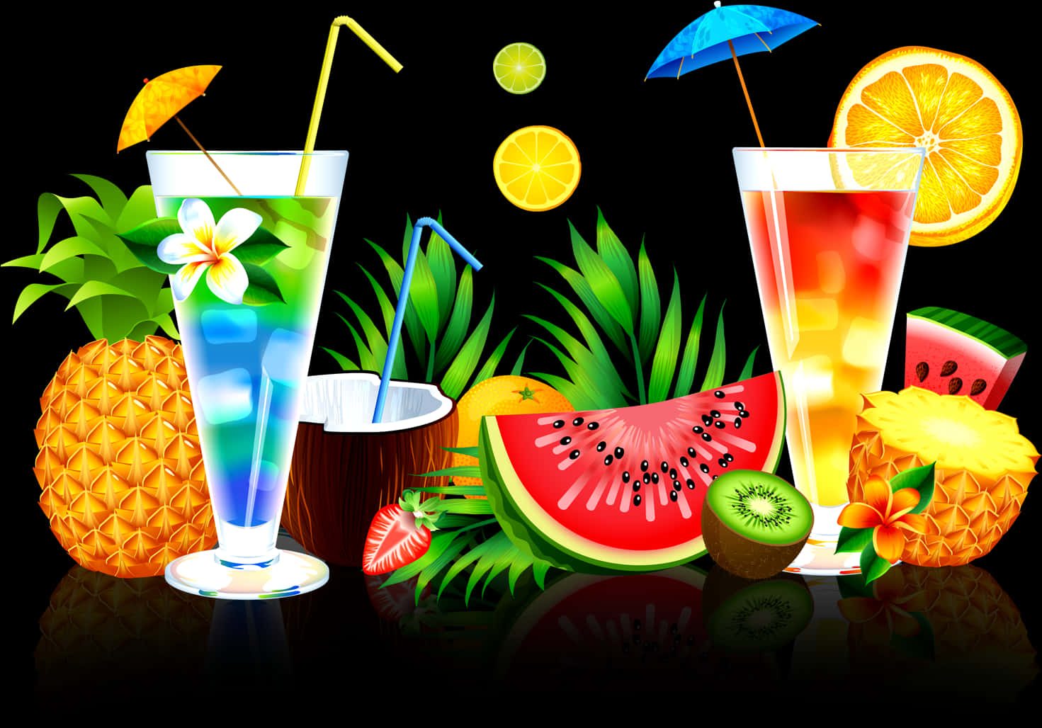 A Group Of Drinks With Fruits