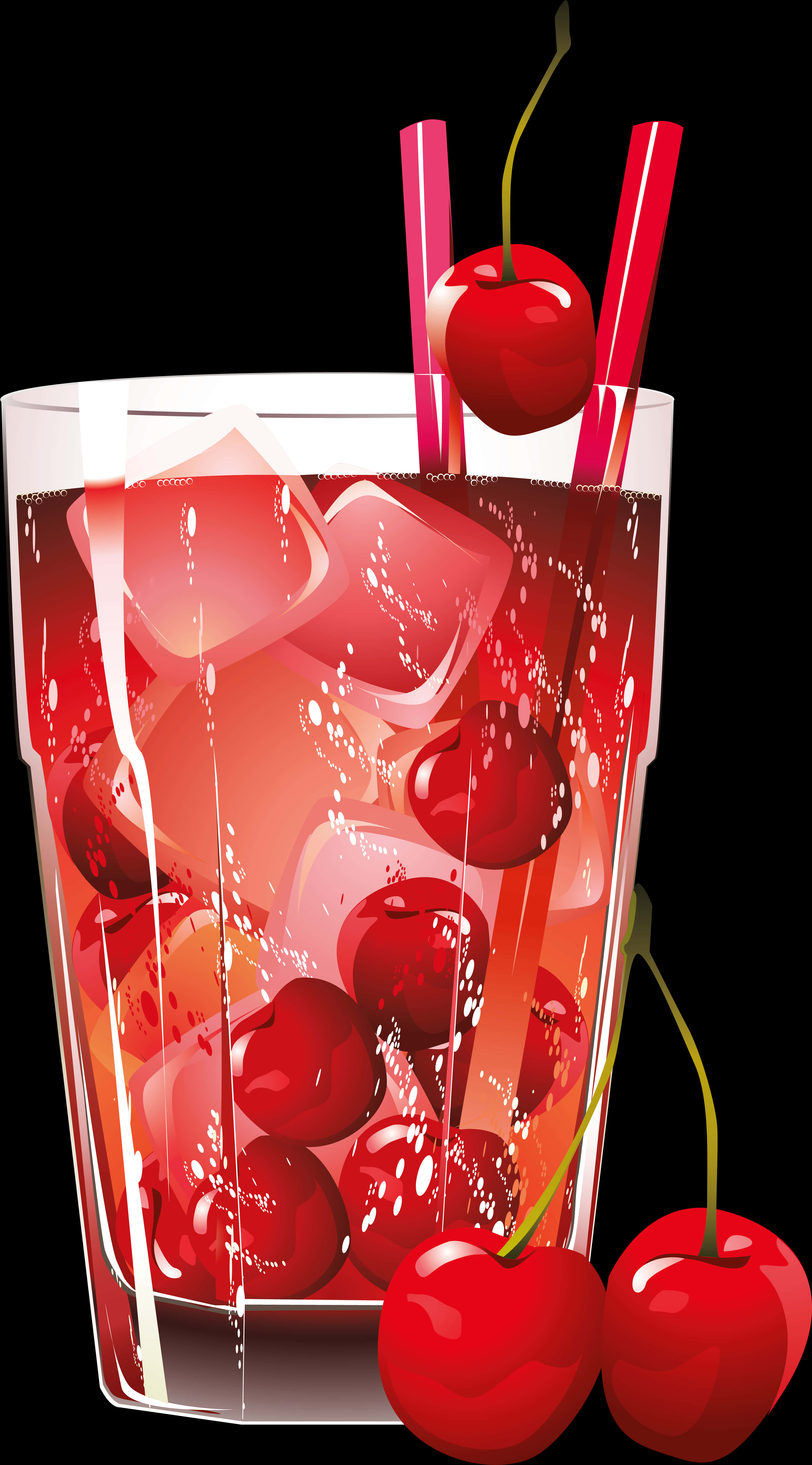 A Glass Of Red Drink With Ice And Cherries