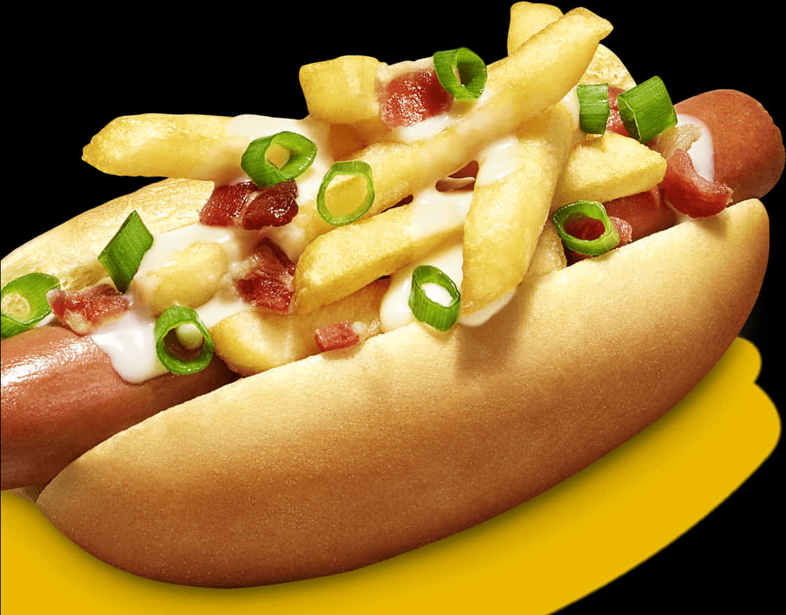 A Hot Dog With French Fries And Bacon