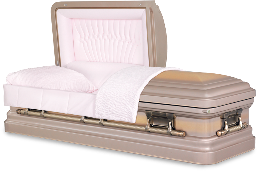 A Coffin With A White Blanket And A Pillow