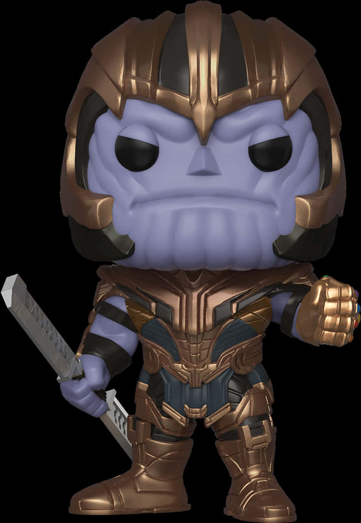 A Toy Figurine Of A Purple And Gold Character Holding A Sword