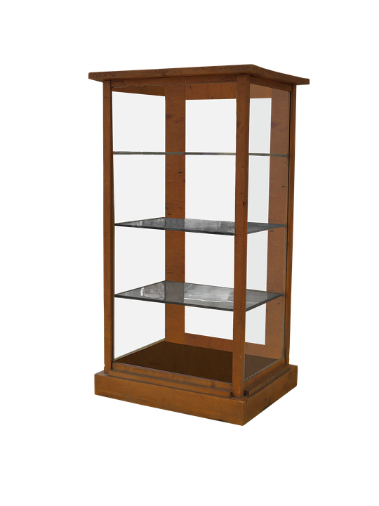 A Wooden Display Case With Glass Shelves