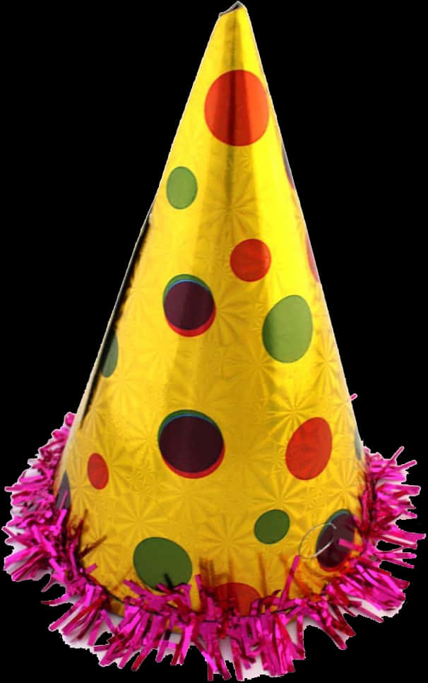 A Yellow Party Hat With Pink And Purple Tinsel