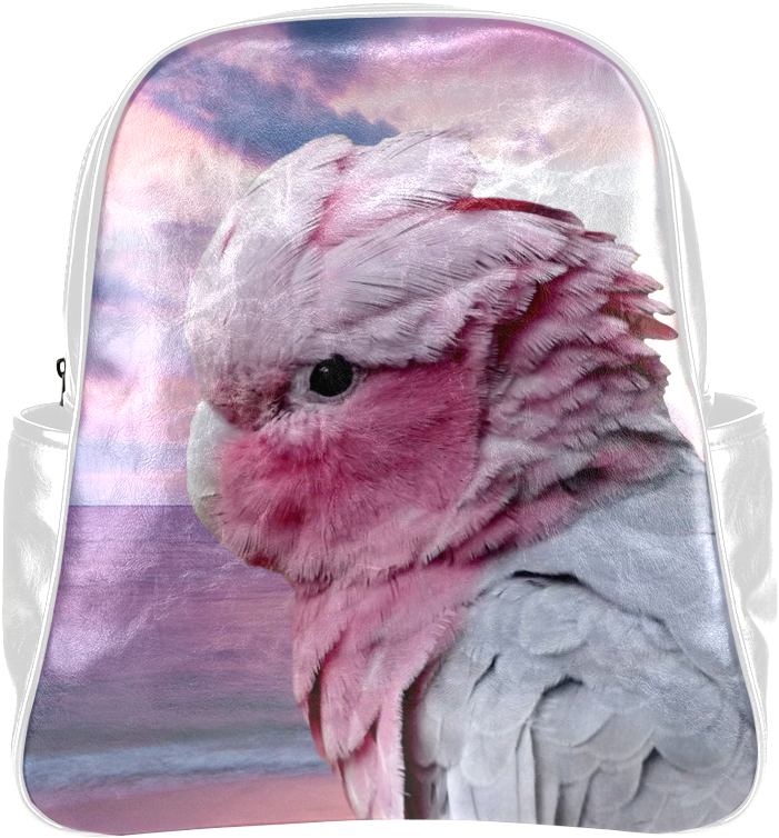A Pink And White Backpack With A Bird On It