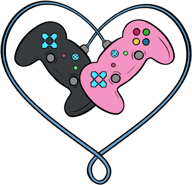 A Pink And Black Video Game Controllers In A Heart Shape