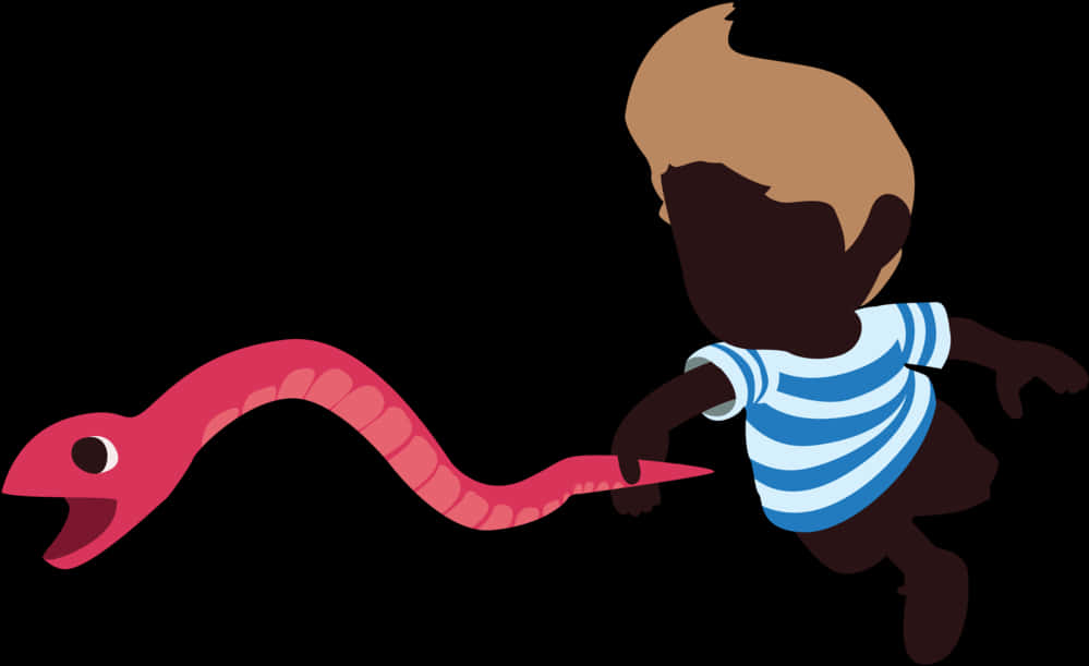 A Cartoon Of A Boy Holding A Pink Worm