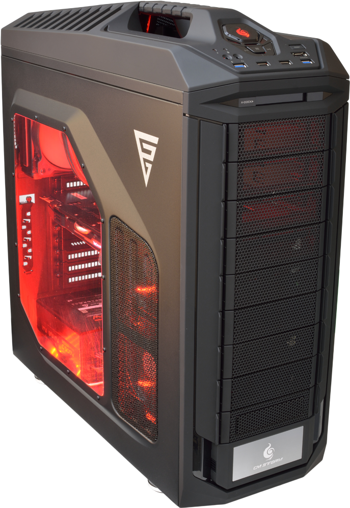 A Black Computer Tower With Red Lights