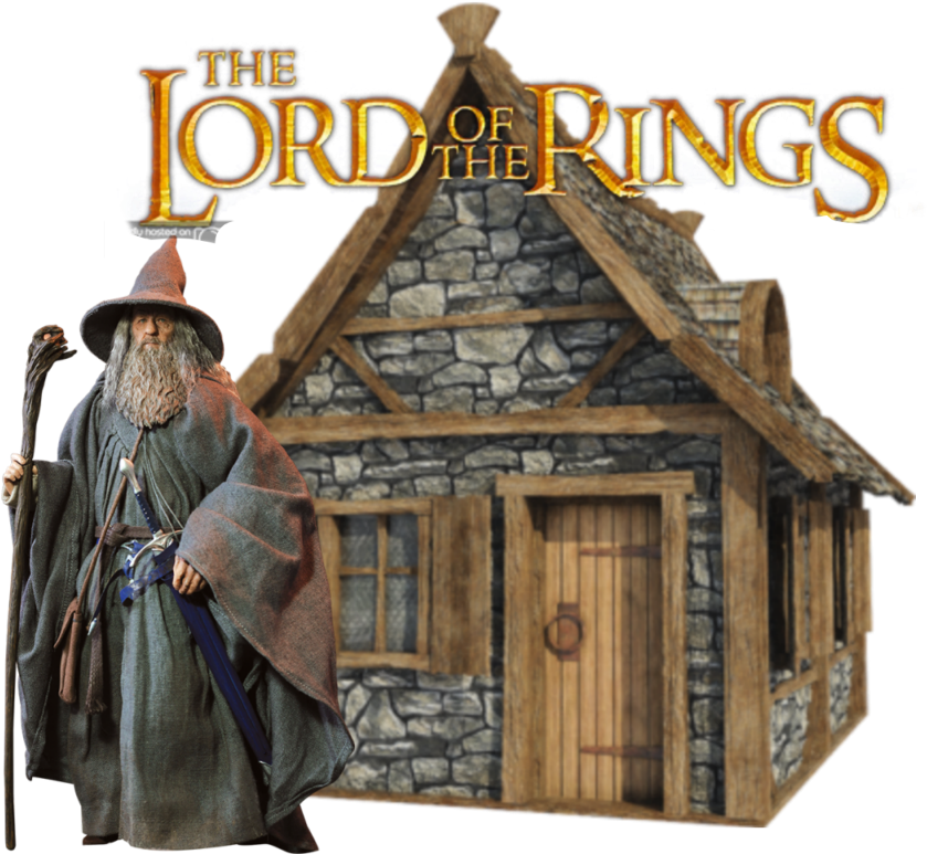 A Statue Of A Wizard Standing In Front Of A Stone House