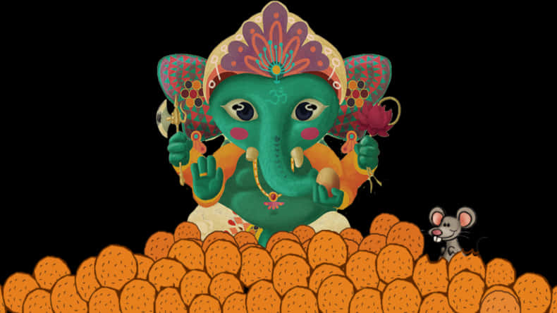 A Green Elephant With A Flower And A Rose In Front Of Oranges