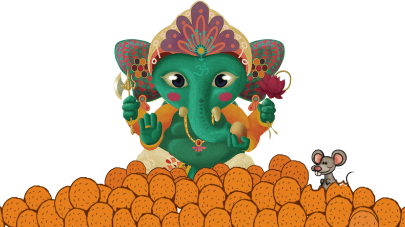 A Green Elephant With A Flower And Oranges