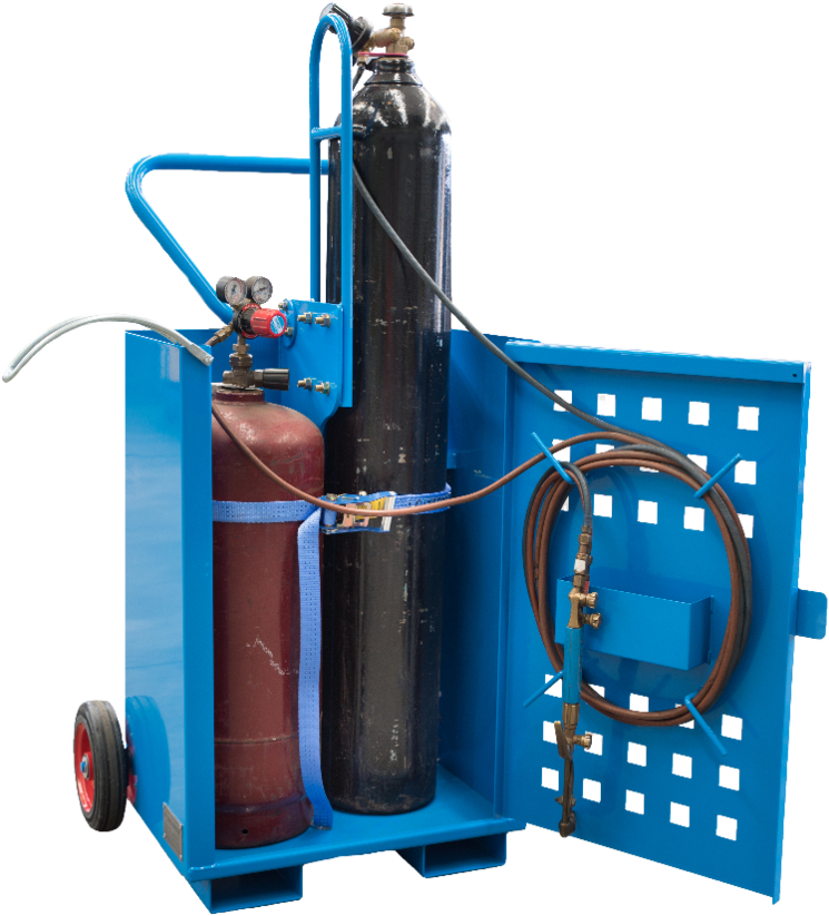 A Blue Cart With A Black Cylinder And A Black Tube