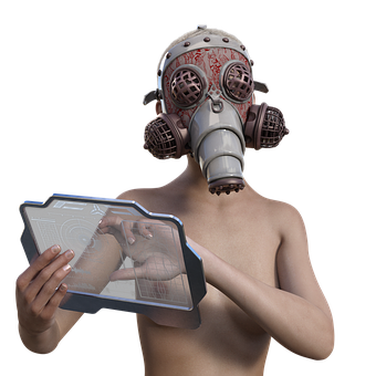 A Person Wearing A Gas Mask And Holding A Tablet