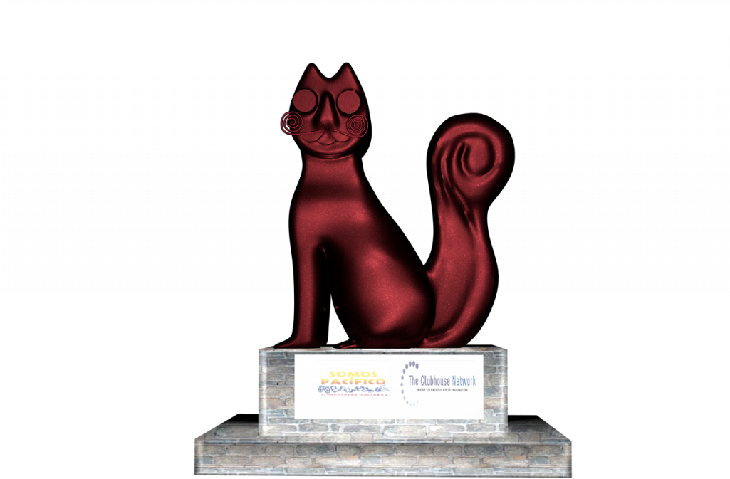 A Red Cat Statue On A Pedestal