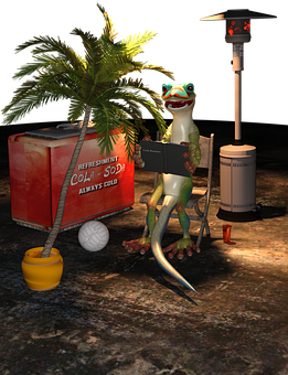 A Lizard Sitting In A Chair Next To A Cooler And Palm Tree