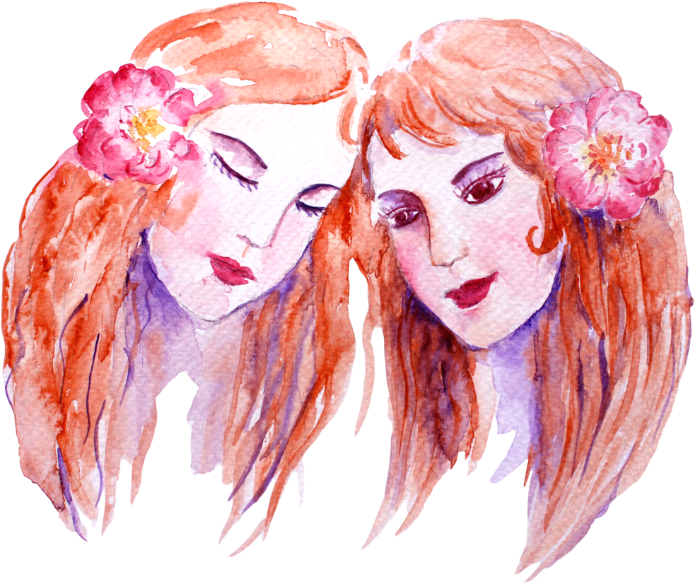 Watercolor Of Two Women With Red Hair And Flowers In Their Hair