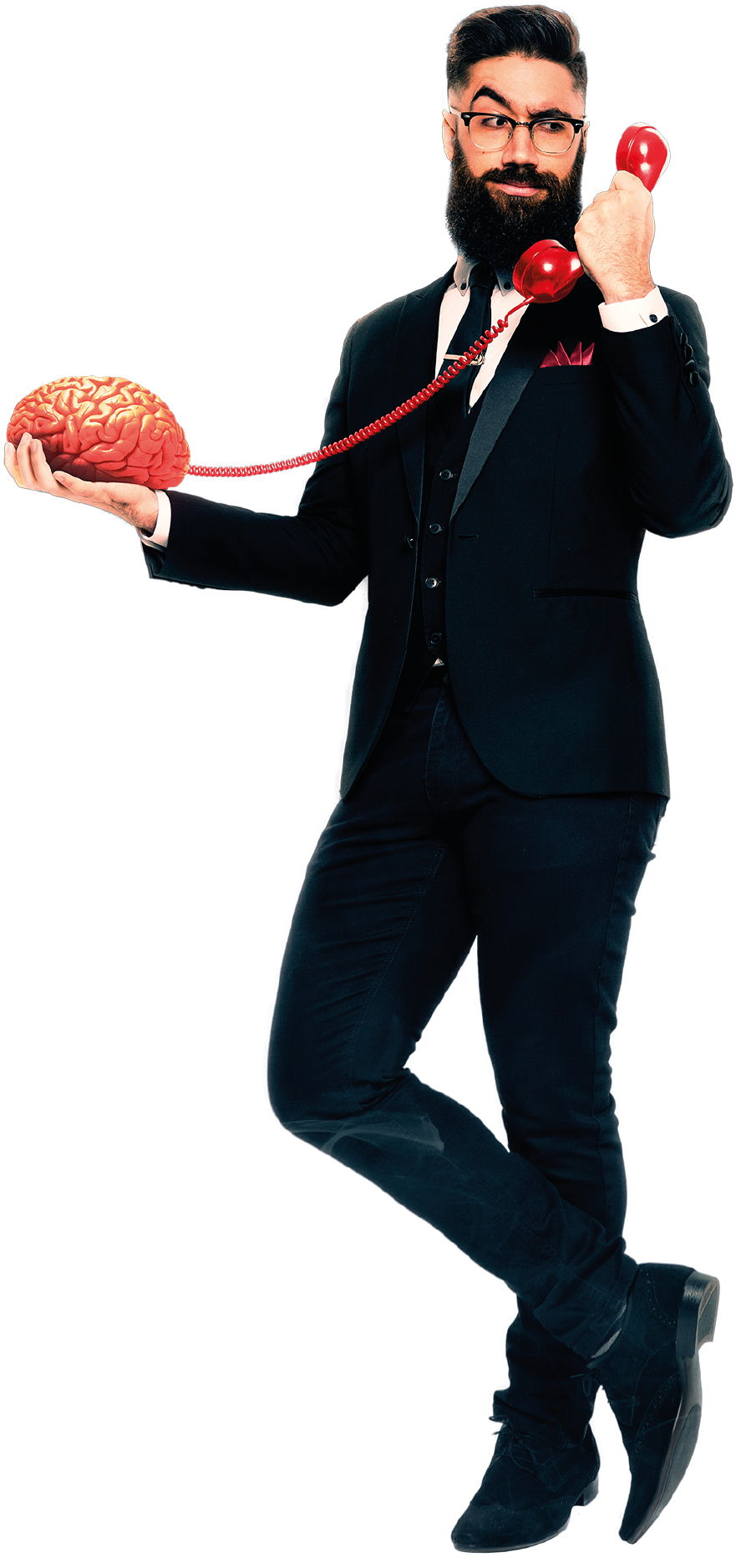 A Man In A Suit Holding A Phone To His Mouth And A Brain