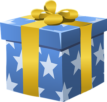 A Blue And White Gift Box With White Stars And A Gold Ribbon