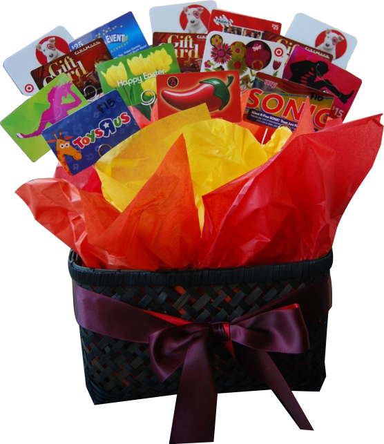 A Basket With Gift Cards And A Bow