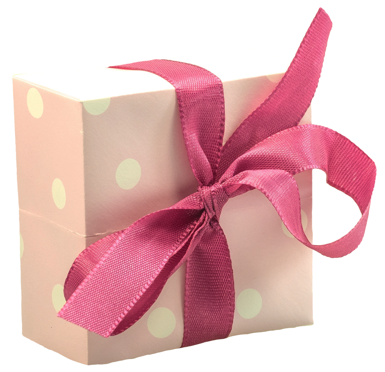 A Pink And White Polka Dot Box With A Pink Bow
